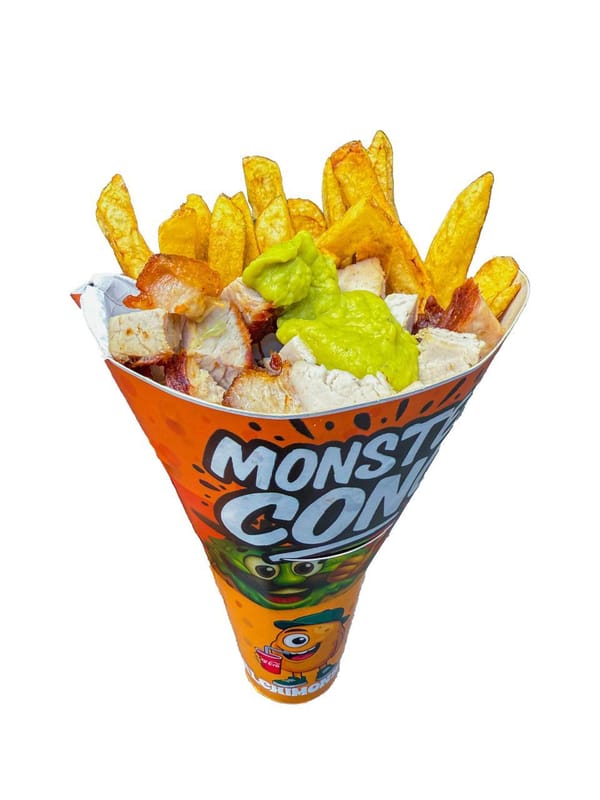 Salchipapa cono Porky con bebida | Salchimonster
