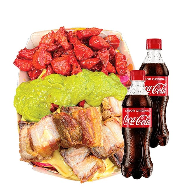 Salchipapa Chicharrón y costilla para 2 personas con bebida | Salchimonster