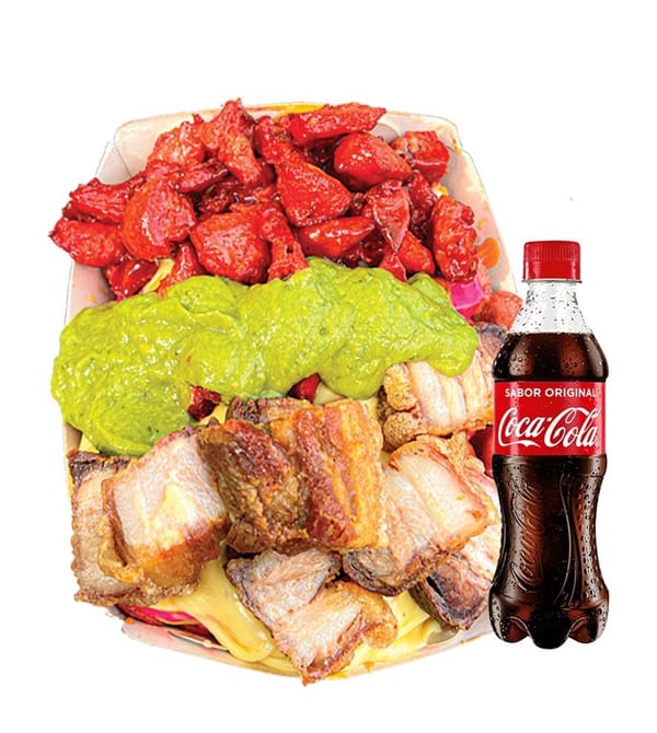 Salchipapa Chicharrón y costilla personal con bebida | Salchimonster